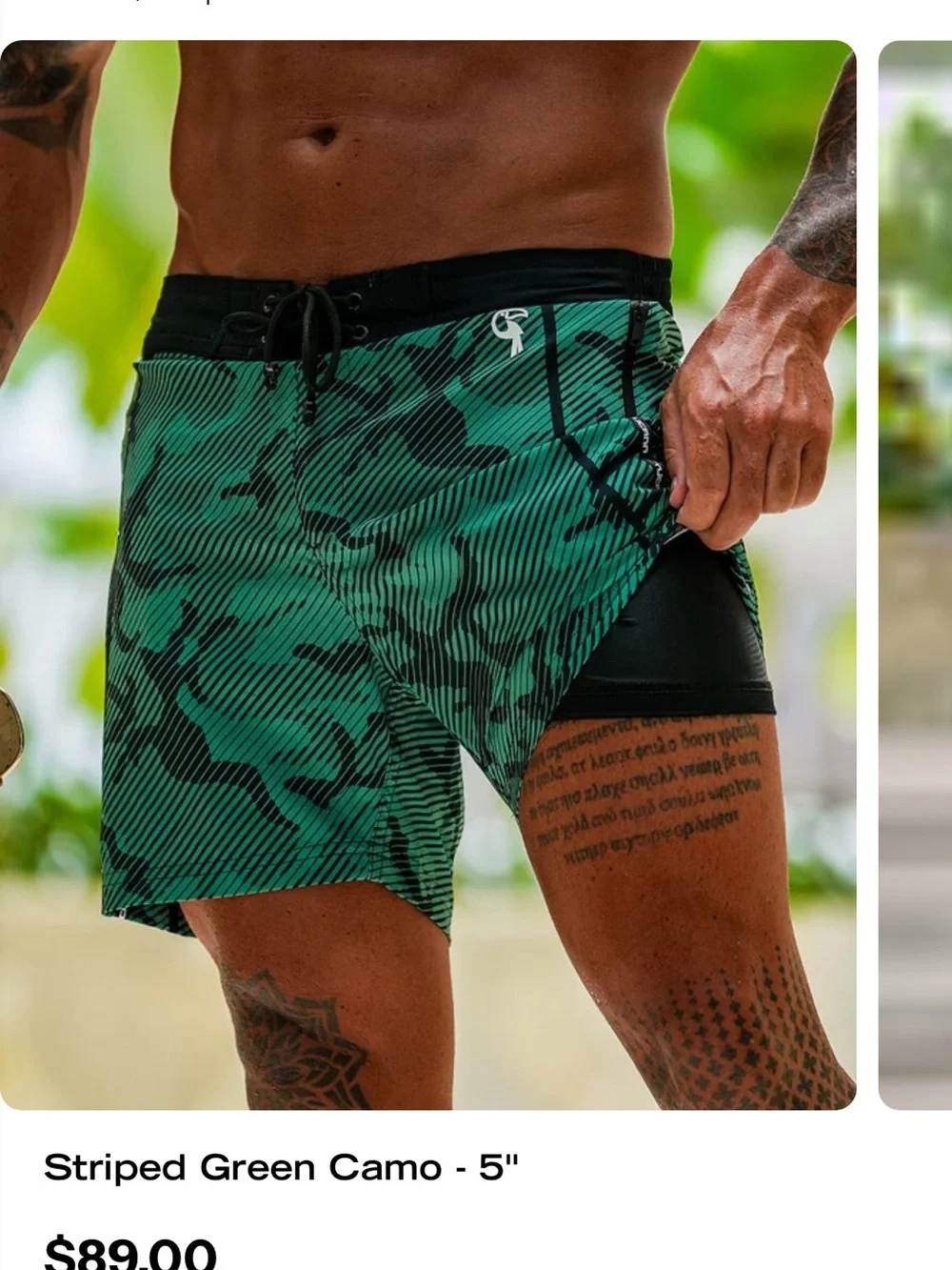Men's Green Camo Performance Swim Trunks with Drawstring